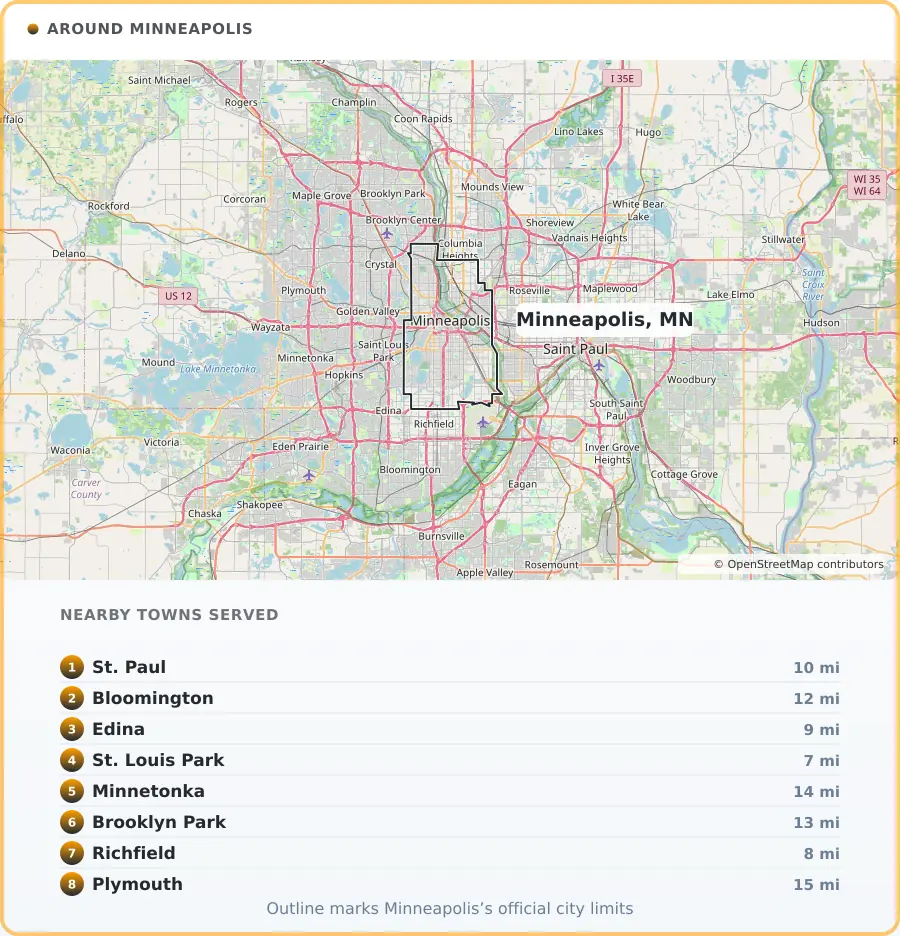 Map of the Minneapolis, MN area, covering St. Paul 10 miles away, Bloomington 12 miles away, Edina 9 miles away, St. Louis Park 7 miles away, Minnetonka 14 miles away, Brooklyn Park 13 miles away, Richfield 8 miles away and Plymouth 15 miles away.